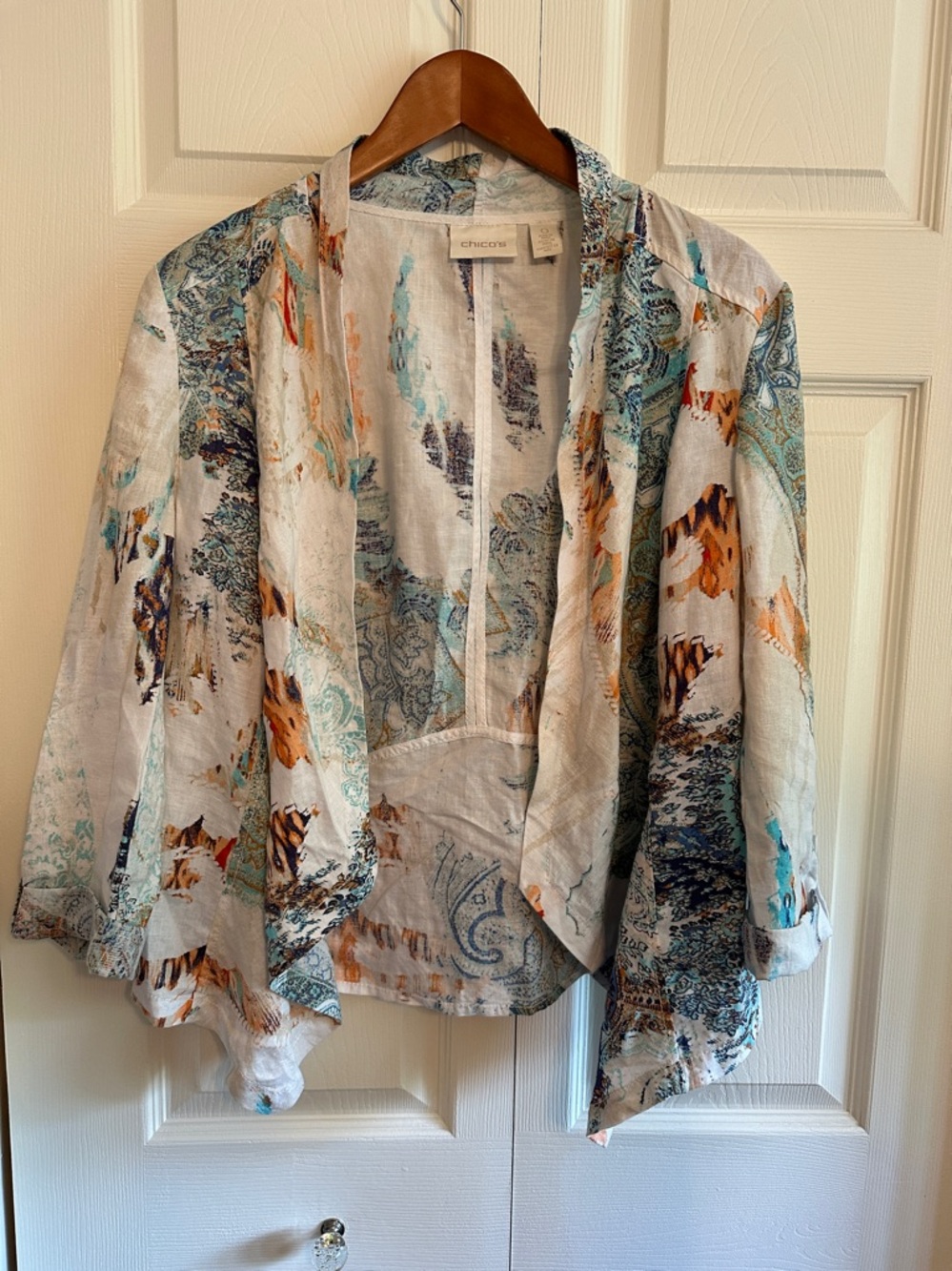 Chico's abstract Print Open Front Cardigan - Teal, Cream & Rust